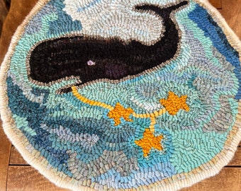 Hand hooked wool whale chair pad, 14.5 inches