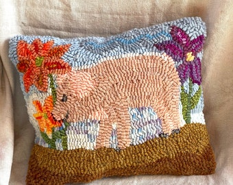 Hand hooked whimsical pig pillow, Posey Pig