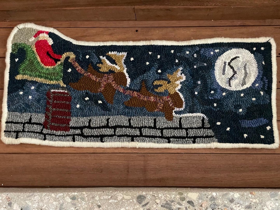 Rug Hooking Pattern, Santa in His Sleigh With Reindeer on Rooftop, 30 X ...