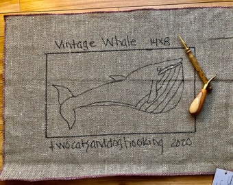 Rug hooking pattern - Antique Whale - 14 x 8 inch on linen