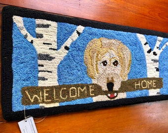 Hooked rug pattern on linen, "Welcome Home", Labrador Retriever