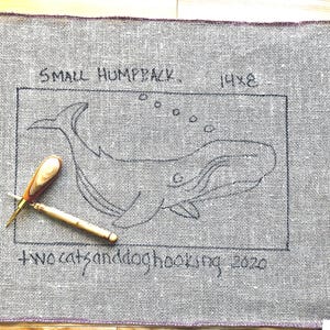 Hooked rug pattern , Mini Humpback Whale, hand drawn on linen