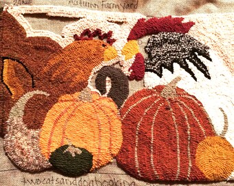 Hooked rug pattern "Autumn Farmyard" on primitive linen 30 x 16