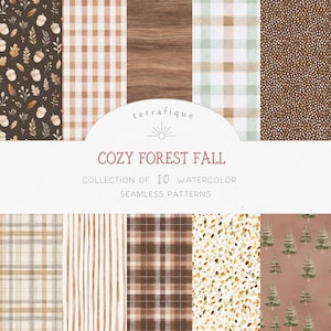 Peut inclure: Une collection numérique de 10 motifs aquarelles sans couture intitulée COZY FOREST FALL par terrafique. Les designs présentent divers motifs incluant des glands, des feuilles, du bois, des carreaux, des rayures, des points et des sapins.