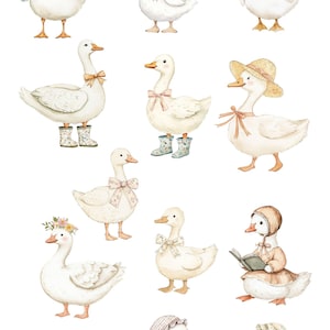 Puede incluir: Un conjunto de 12 ilustraciones de acuarela de gansos lindos que usan varios atuendos y accesorios. Los gansos son todos blancos con acentos rosados y se representan en varias poses. Las ilustraciones son perfectas para agregar un toque de capricho a cualquier proyecto.