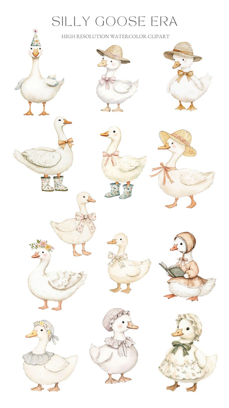 Puede incluir: Un conjunto de 12 ilustraciones de acuarela de gansos lindos que usan varios atuendos y accesorios. Los gansos son todos blancos con acentos rosados y se representan en varias poses. Las ilustraciones son perfectas para agregar un toque de capricho a cualquier proyecto.