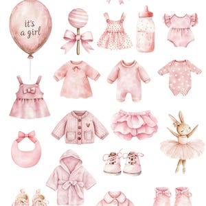 May include: Pink watercolor illustrations of baby items, including a onesie, a dress, a hat, a bib, a pair of shoes, a sweater, a bunny ballerina, a bottle, a pacifier, a gift box, a foot print, and a balloon that says "it's a girl".
