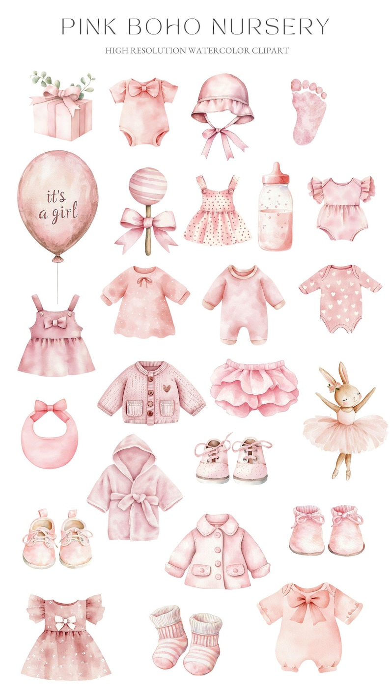May include: Pink watercolor illustrations of baby items, including a onesie, a dress, a hat, a bib, a pair of shoes, a sweater, a bunny ballerina, a bottle, a pacifier, a gift box, a foot print, and a balloon that says "it's a girl".