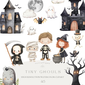 Clipart fofo de Halloween aquarela caprichosa uso comercial festa de Halloween temporada assustadora crianças góticas esqueletos casa mal-assombrada sublimação PNG