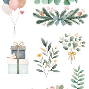 May include: Watercolor clipart featuring balloons, gift boxes, and floral arrangements. The image includes bouquets of roses, sprigs of eucalyptus, and other botanical elements in soft pastel colors. Text at the top reads "CAPYBARA WINTER".
