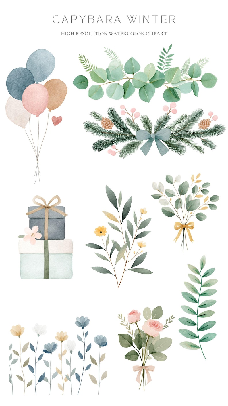 May include: Watercolor clipart featuring balloons, gift boxes, and floral arrangements. The image includes bouquets of roses, sprigs of eucalyptus, and other botanical elements in soft pastel colors. Text at the top reads "CAPYBARA WINTER".