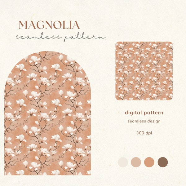 Magnolia Seamless Pattern Peach Ivory Summer Pattern Printable Paper Floral Romantic Rustic Modern Design