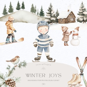 Lindo invierno clipart caprichoso niños acuarela nieve actividades esquí patinaje naturaleza al aire libre guardería decoración uso comercial estilo boho PNG