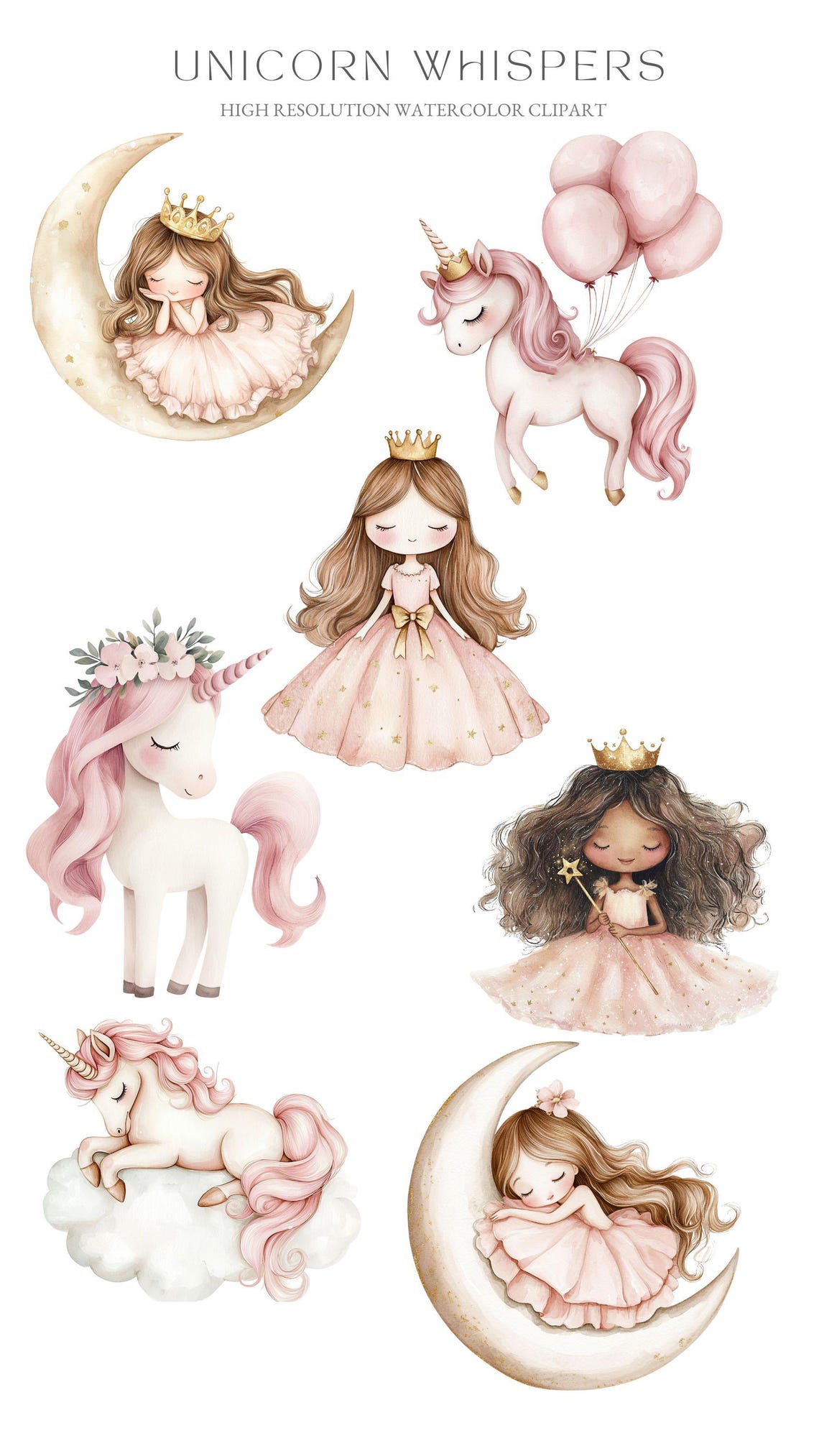 Princess & Unicorn Clipart: Pink Gold Fantasy Graphics (PNG) - Etsy
