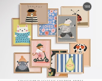 May include: A collection of framed children's art prints featuring whimsical animal illustrations. The prints include a bear in a beret, a cat, a bear on roller skates, a ladybug, a cheetah on a scooter, and a dog with heart-shaped sunglasses. The text "bonjour", "DU RE LOVED", and "100" are visible.