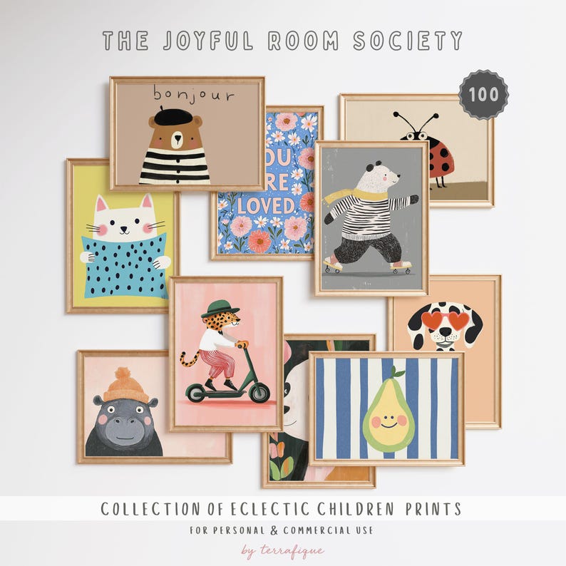 May include: A collection of framed children's art prints featuring whimsical animal illustrations. The prints include a bear in a beret, a cat, a bear on roller skates, a ladybug, a cheetah on a scooter, and a dog with heart-shaped sunglasses. The text "bonjour", "DU RE LOVED", and "100" are visible.