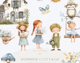 Imágenes prediseñadas de verano estilo cottagecore, acuarela de animales infantiles estilo cabaña PNG, gráficos acogedores para vacaciones, imágenes prediseñadas de guardería de verano, uso comercial digital