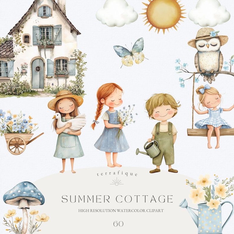 Może przedstawiać: Zestaw akwarelowych ilustracji przedstawiający domek, huśtawkę, grzyb, kwiaty, motyla, ptaka i dzieci. Zestaw nosi tytuł "Summer Cottage" i zawiera tekst "High Resolution Watercolor Clipart 60".