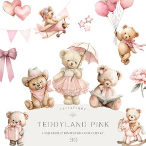 Vintage Clipart ours en peluche rose mignon bébé fille chambre d'enfant PNG graphiques Baby Shower anniversaire usage commercial aquarelle ensemble de cliparts fantaisiste