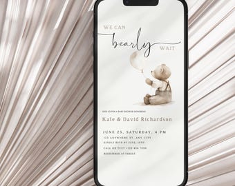 Vintage Teddy Bear Baby Shower Invitation: We Can Bearly Wait Animated Mobile Evite Baby Boy (Editable Canva Template)