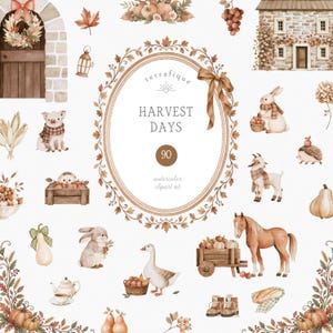 Puede incluir: Una colección de ilustraciones en acuarela con elementos temáticos de cosecha que incluyen una casa de piedra, una puerta de madera con corona, animales de granja, calabazas, frutas y un marco ovalado central con el texto Harvest Days.