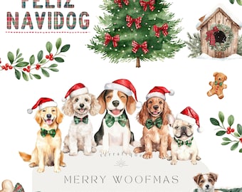 May include: Watercolor illustration featuring several dogs wearing Santa hats and bow ties, with a Christmas tree and the text "FELIZ NAVIDOG" and "MERRY WOOFMAS". Includes a gingerbread man and a dog house.