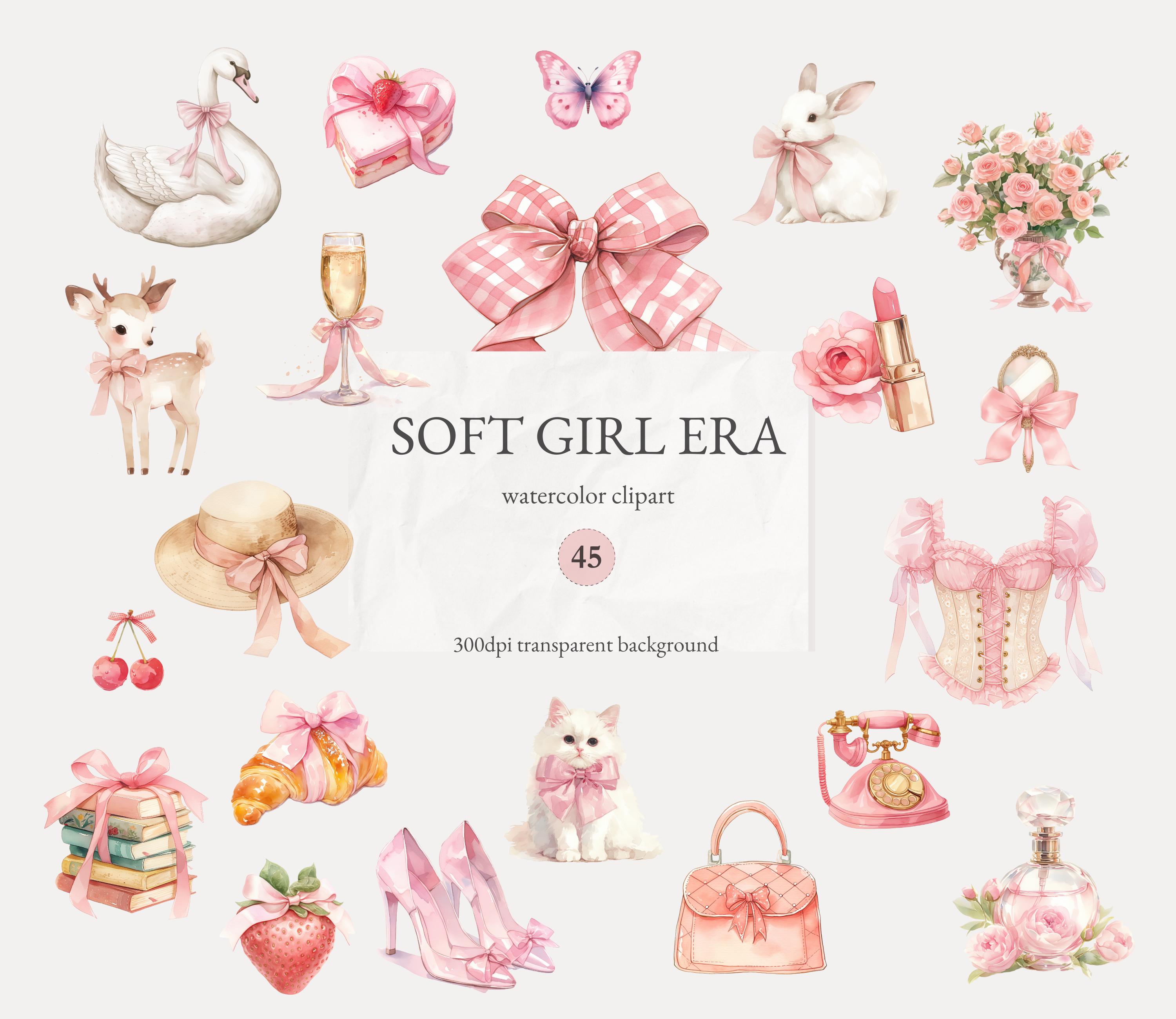 Coquette Clipart: Pink Bows, Vintage Cottagecore Watercolor (PNG Digital Download)