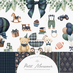 Può includere: Set di clipart ad acquerello con illustrazioni a tema baby. Include un cavallo a dondolo, un orsacchiotto, un trenino giocattolo, una carrozzina, palloncini e un cucciolo, il tutto in un motivo a quadri blu e verde. Il set include anche un fiocco, una confezione regalo e dei blocchi.