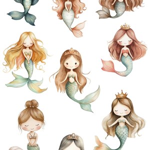 Puede incluir: Nueve ilustraciones de acuarela de sirenas con diferentes peinados y accesorios. Cada sirena tiene una cola larga y fluida y se representa con una expresi&oacute;n dulce y caprichosa.