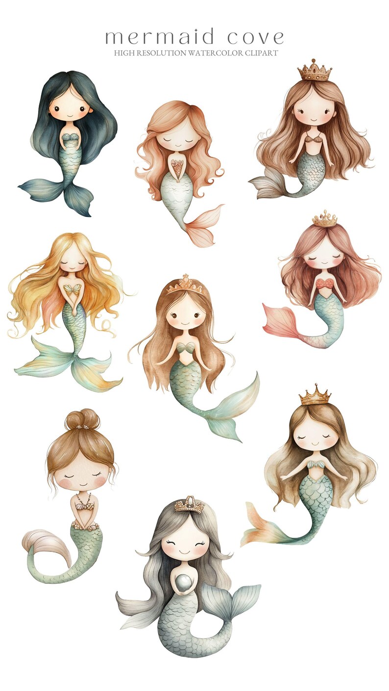 Puede incluir: Nueve ilustraciones de acuarela de sirenas con diferentes peinados y accesorios. Cada sirena tiene una cola larga y fluida y se representa con una expresi&oacute;n dulce y caprichosa.