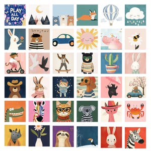 May include: A collection of colorful square illustrations featuring various animals and objects. The images include a bunny with a flower, a bear with a beret, a blue car, a smiling sun, a fox, a hot air balloon, and a cloud with raindrops.