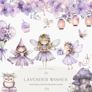 May include: Watercolor clipart set featuring fairies, a bunny, an owl, a mushroom house, and other whimsical elements in shades of purple and lavender. The set includes the text "Lavender Wishes" and "High Resolution Watercolor Clipart".