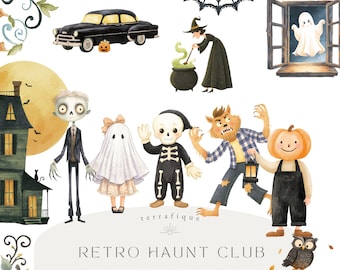 May include: Watercolor illustration featuring Halloween-themed characters and elements. Includes a black car with a pumpkin, a witch stirring a cauldron, a ghost, a skeleton, a werewolf, and a pumpkin-headed figure. The text "Retro Haunt Club" is also present.