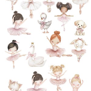May include: Watercolor clipart featuring ballerinas, a swan, a puppy, and bunnies in pink tutus. The text "Little Ballet Academy" and "High Resolution Watercolor Clipart" are at the top. The Etsy shop name is at the bottom.