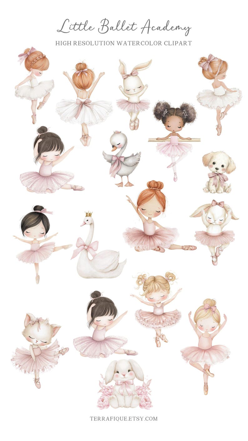 May include: Watercolor clipart featuring ballerinas, a swan, a puppy, and bunnies in pink tutus. The text "Little Ballet Academy" and "High Resolution Watercolor Clipart" are at the top. The Etsy shop name is at the bottom.