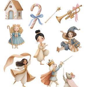 K&ouml;nnte beinhalten: Aquarell-Cliparts mit Elementen aus dem Nussknacker-Ballett. Enth&auml;lt eine Geschenkbox, Ornamente, ein Haus, eine Zuckerstange, einen Zauberstab, eine Trompete, Puppen, eine Trommel, Ballettschuhe und Charaktere.