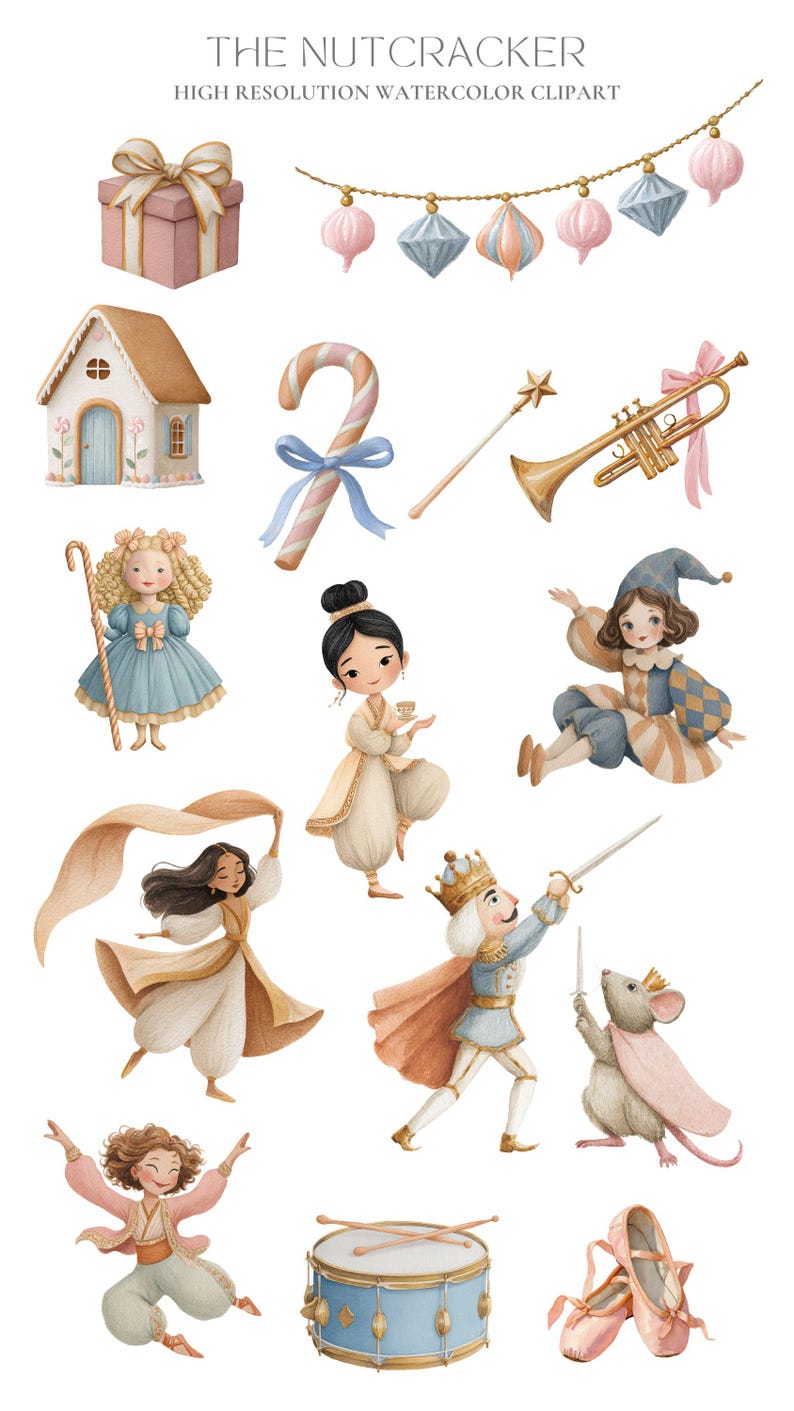 K&ouml;nnte beinhalten: Aquarell-Cliparts mit Elementen aus dem Nussknacker-Ballett. Enth&auml;lt eine Geschenkbox, Ornamente, ein Haus, eine Zuckerstange, einen Zauberstab, eine Trompete, Puppen, eine Trommel, Ballettschuhe und Charaktere.