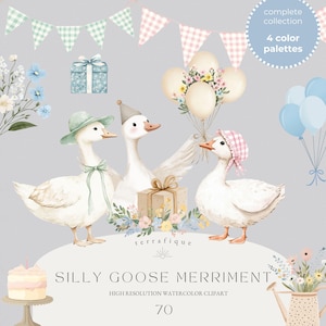 Silly Goose clipartbundel schattig verjaardagsfeestje Cottagecore Wildflower kransen ballonnen verjaardagsfeestje babyshower uitnodigingen commercieel gebruik