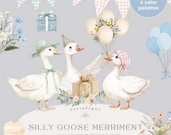 Silly Goose Clipart Bundle: Cottagecore Birthday Party Graphics (Digital Download)