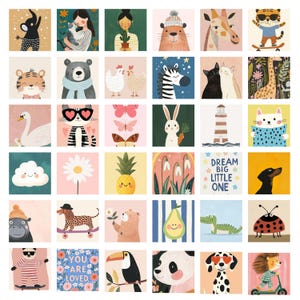 May include: A collection of colorful square illustrations featuring various animals and objects. The images include a cat, bear, zebra, rabbit, and more. Some images have text that reads "Dream Big Little One" and "You Are Loved".