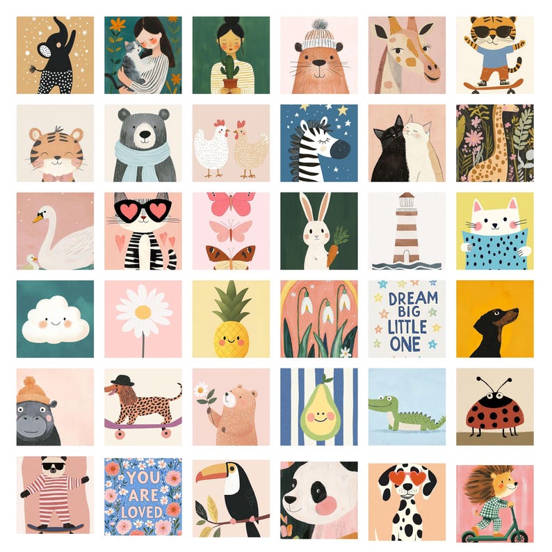 May include: A collection of colorful square illustrations featuring various animals and objects. The images include a cat, bear, zebra, rabbit, and more. Some images have text that reads "Dream Big Little One" and "You Are Loved".