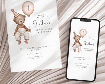 May include: A birthday invitation with a watercolour illustration of a teddy bear holding a balloon with the number 1. The invitation includes the text "You're Invited to Nathan's Beary First Birthday" and event details.