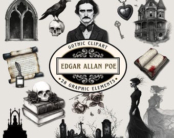 Edgar Allan Poe Clipart: Gothic Halloween Victorian Designs (PNG, JPG)