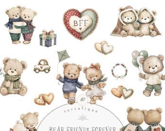 Puede incluir: Ilustración en acuarela con varios osos de peluche en diferentes poses. Algunos osos se abrazan, sostienen globos o una cometa. La imagen incluye corazones, una caja de regalo y el texto "BFF" en una almohada en forma de corazón. También está presente la frase "Bear Friends Forever".