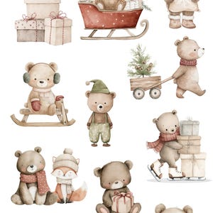 Puede incluir: Clipart de acuarela con varios osos de peluche adorables en escenas navide&ntilde;as festivas. Los osos se muestran con regalos, trineos, patines y ropa de invierno. El texto "BEARY CHRISTMAS" y "HIGH RESOLUTION WATERCOLOR CLIPART" est&aacute; en la parte superior.