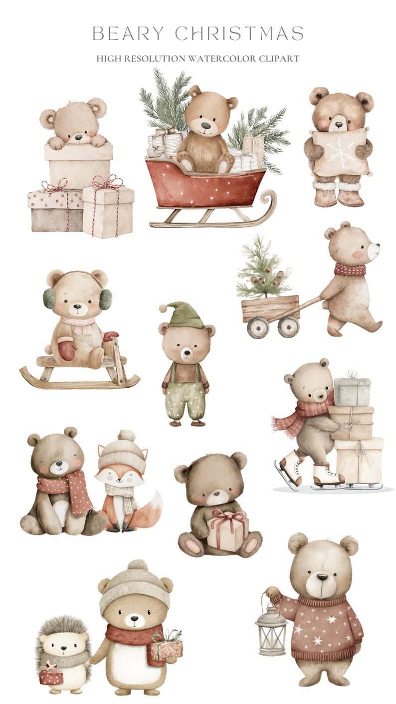 Puede incluir: Clipart de acuarela con varios osos de peluche adorables en escenas navide&ntilde;as festivas. Los osos se muestran con regalos, trineos, patines y ropa de invierno. El texto "BEARY CHRISTMAS" y "HIGH RESOLUTION WATERCOLOR CLIPART" est&aacute; en la parte superior.