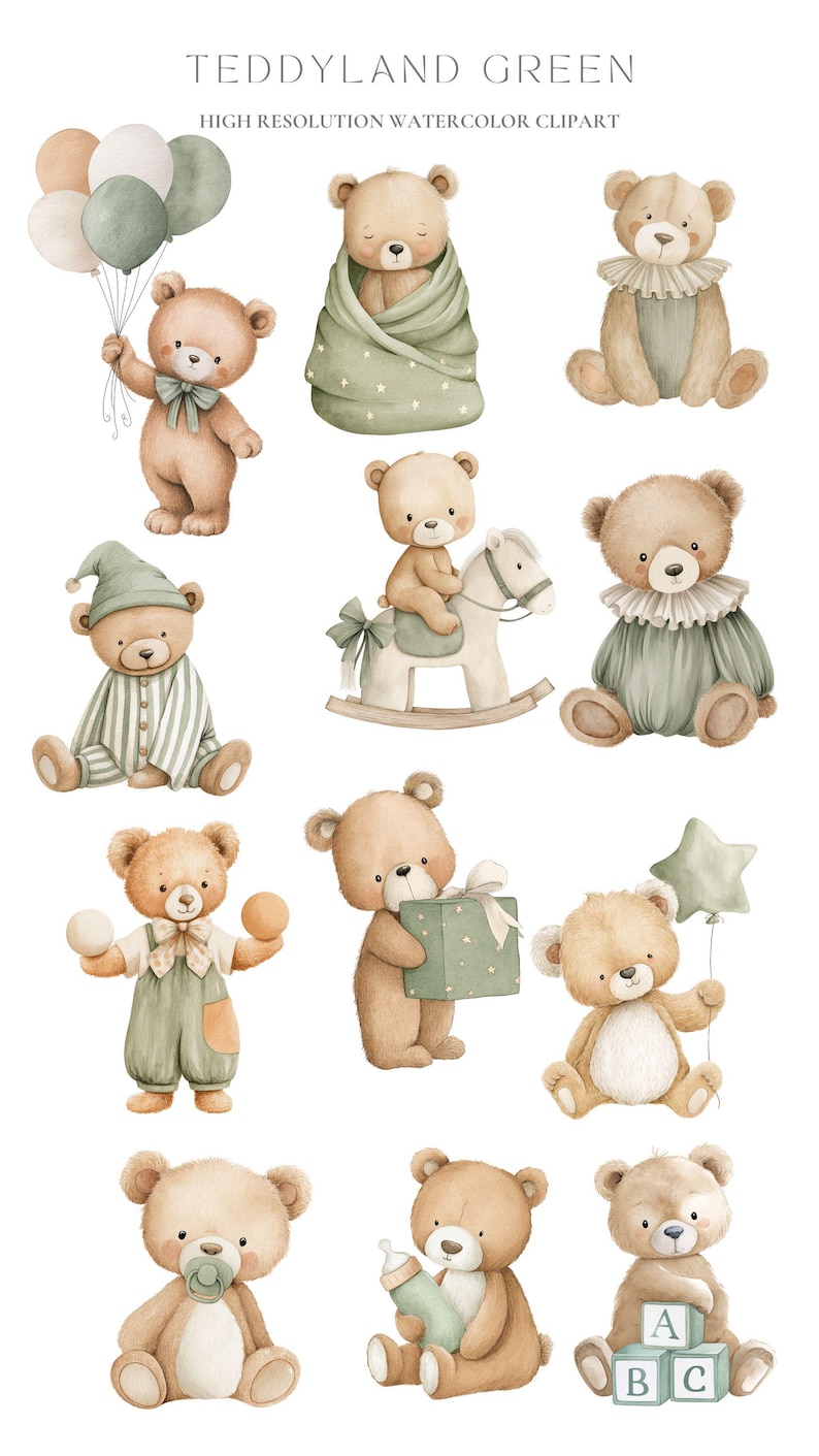 Sage Green Teddy Bear Clipart Set: Nursery & Baby Shower Graphics (PNG ...