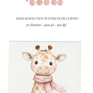 May include: A watercolor illustration of a cute giraffe wearing a pink scarf. The giraffe is sitting down with its legs crossed and has a friendly expression on its face.