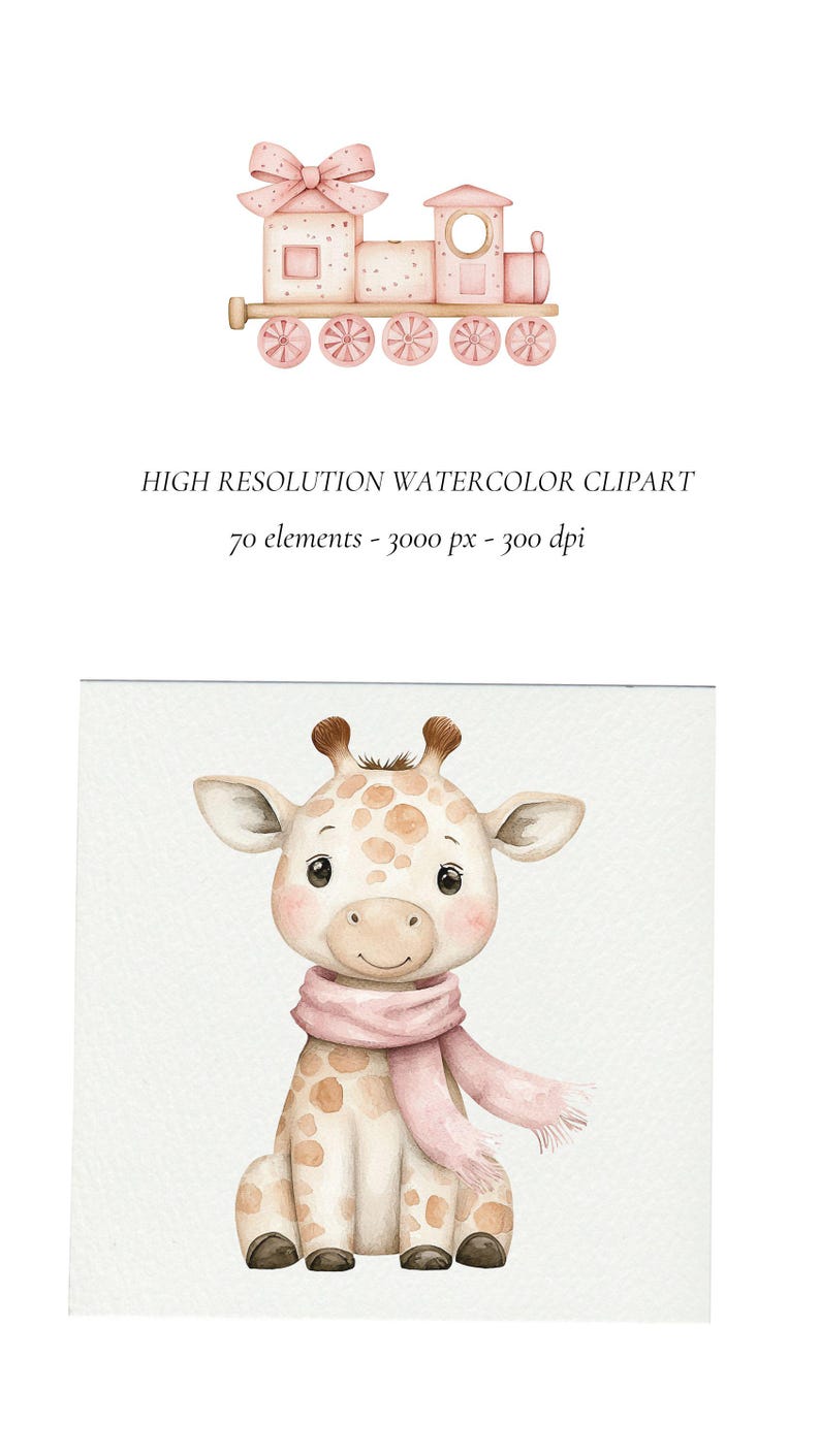 May include: A watercolor illustration of a cute giraffe wearing a pink scarf. The giraffe is sitting down with its legs crossed and has a friendly expression on its face.