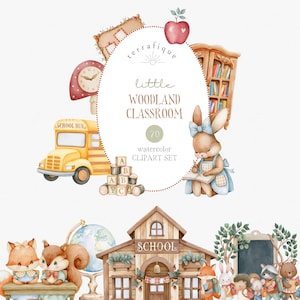 Peut inclure: Une collection numérique de 70 illustrations clipart à l'aquarelle intitulée little WOODLAND CLASSROOM. L'ensemble comprend un bus scolaire jaune, un lapin écrivant dans un livre, une école en bois, un globe, des cubes alphabet et divers animaux.